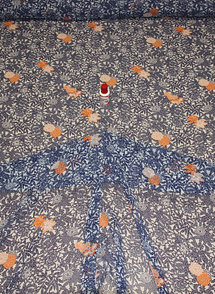 Плательная ацетат стрейч (н) оранжево-синий орнамент на белом - в интернет-магазине тканей Тессутидея арт. 03-2044