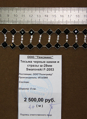 Тесьма черные камни и стразы ш-28мм Swarovski - итальянские ткани Тессутидея F-2053