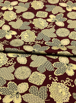 Плательная с напылением (н) черно-бежево-золотой орнамент на бордовом - в интернет-магазине тканей Тессутидея арт. 03-5141